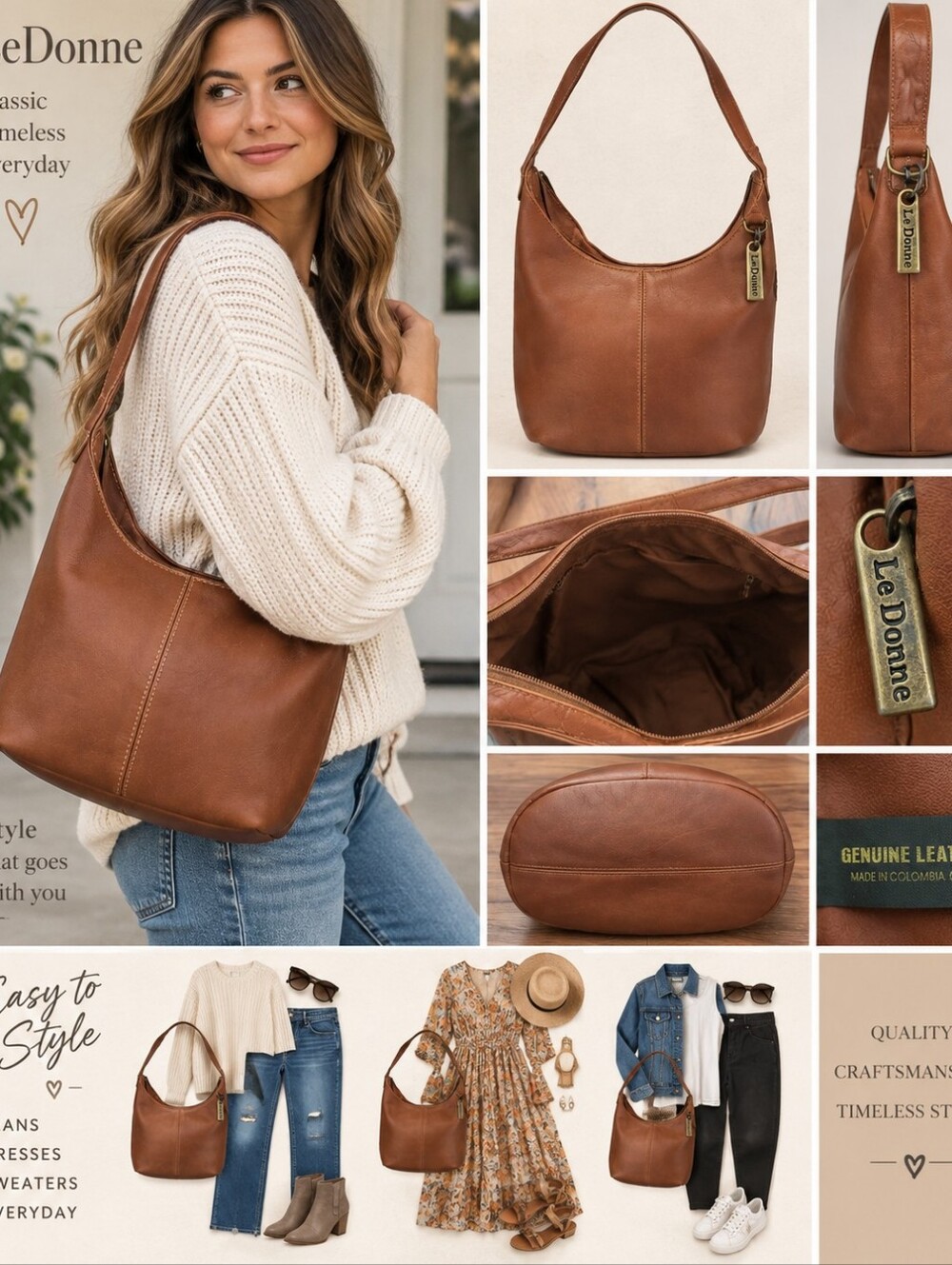 Le Donne Genuine Leather Brown Hobo Shoulder Bag Handbag